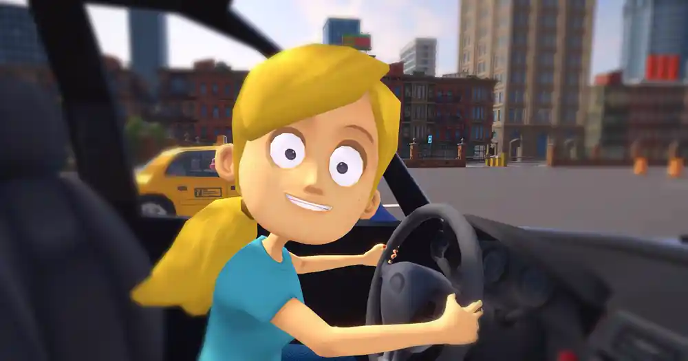 Little sister behind the wheel during a driving lesson in the city